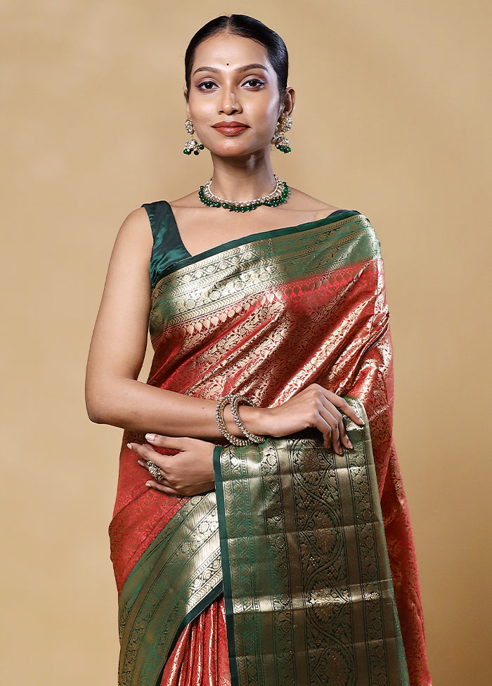 Rust Handloom Kora Pure Silk Saree With Blouse Piece