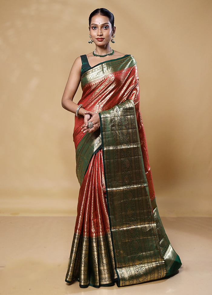 Rust Handloom Kora Pure Silk Saree With Blouse Piece