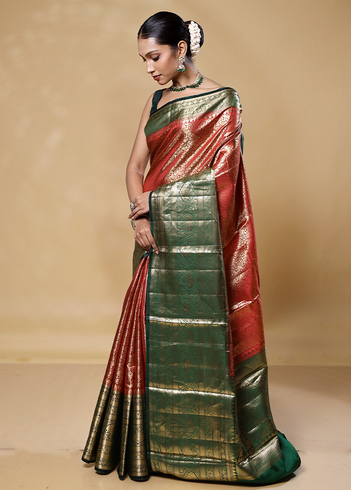 Rust Handloom Kora Pure Silk Saree With Blouse Piece