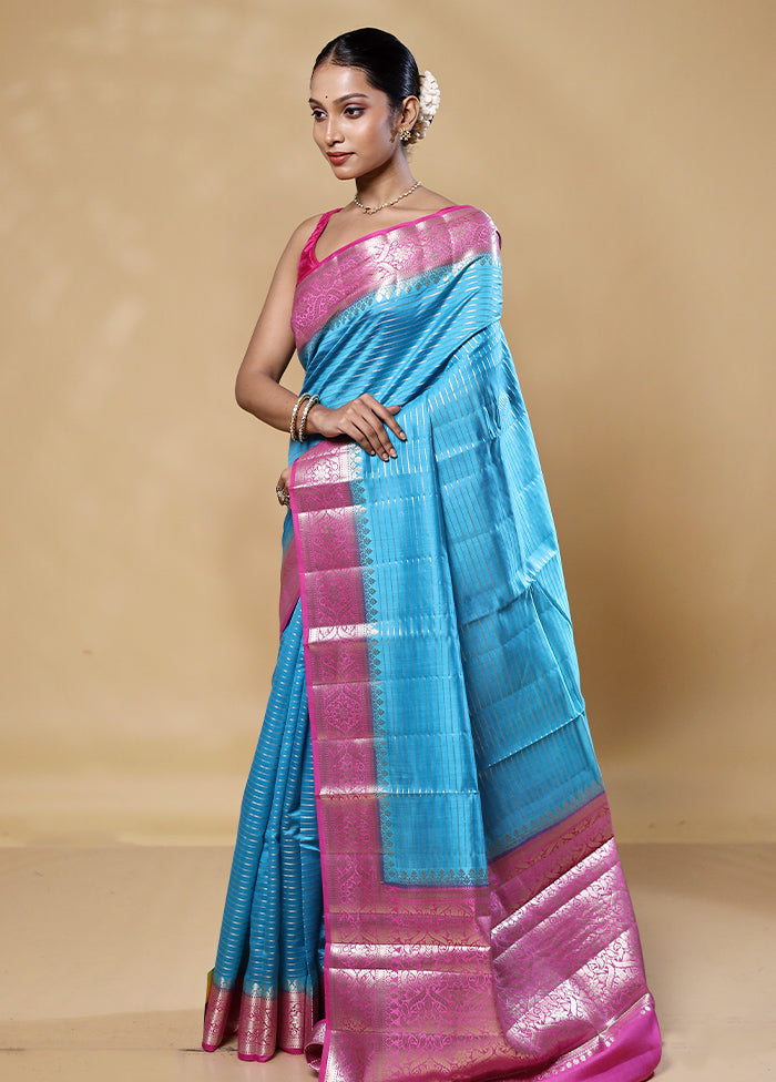 Blue Handloom Dupion Pure Silk Saree With Blouse Piece