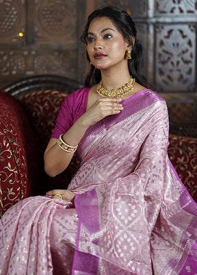 Pink Handloom Dupion Pure Silk Saree With Blouse Piece