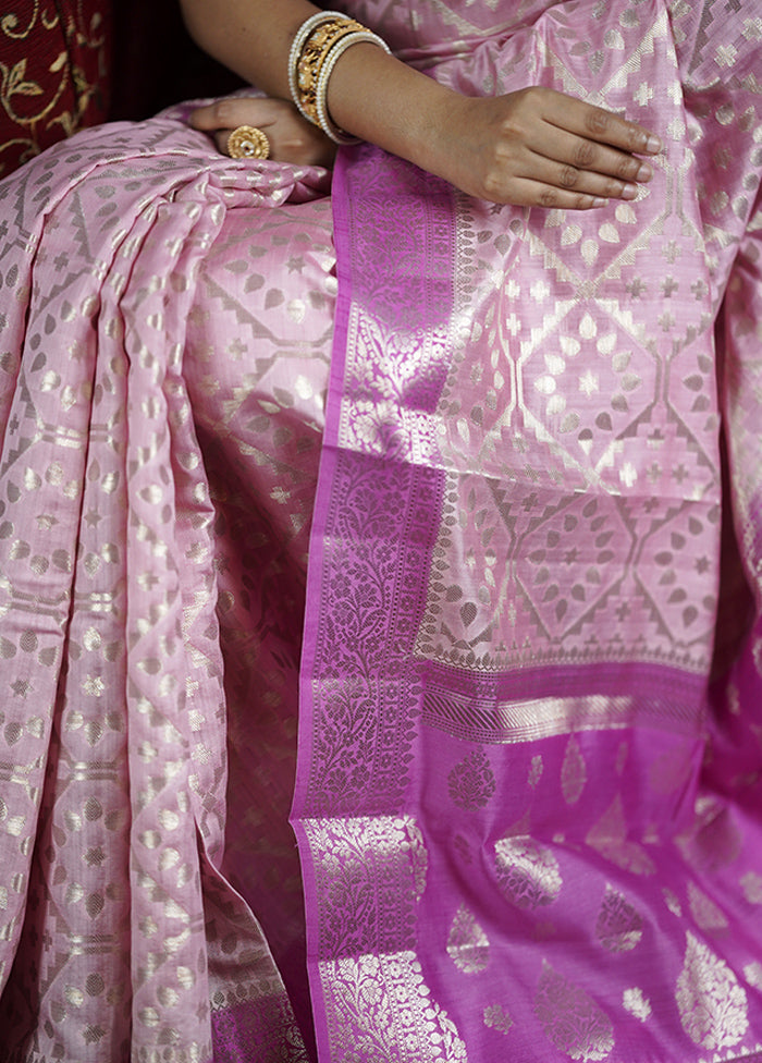 Pink Handloom Dupion Pure Silk Saree With Blouse Piece