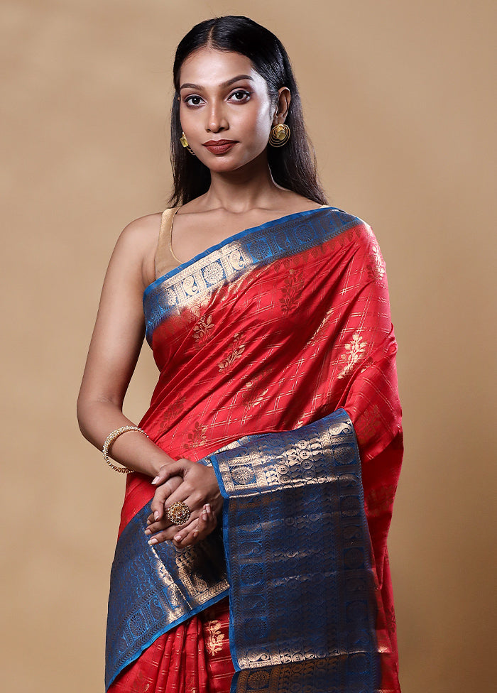 Red Handloom Dupion Pure Silk Saree With Blouse Piece