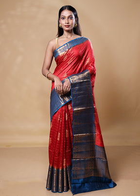 Red Handloom Dupion Pure Silk Saree With Blouse Piece