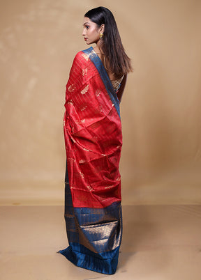 Red Handloom Dupion Pure Silk Saree With Blouse Piece