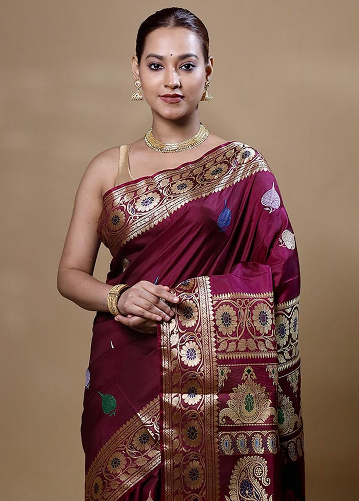 Maroon Handloom Baluchari Pure Silk Saree With Blouse Piece