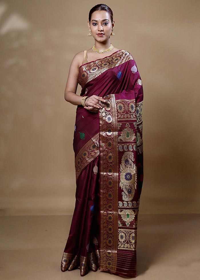 Maroon Handloom Baluchari Pure Silk Saree With Blouse Piece