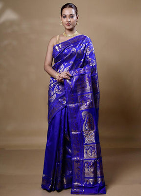 Blue Handloom Baluchari Pure Silk Saree With Blouse Piece