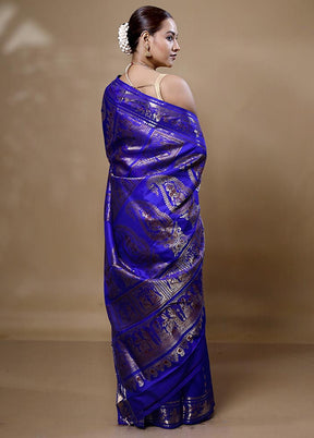 Blue Handloom Baluchari Pure Silk Saree With Blouse Piece