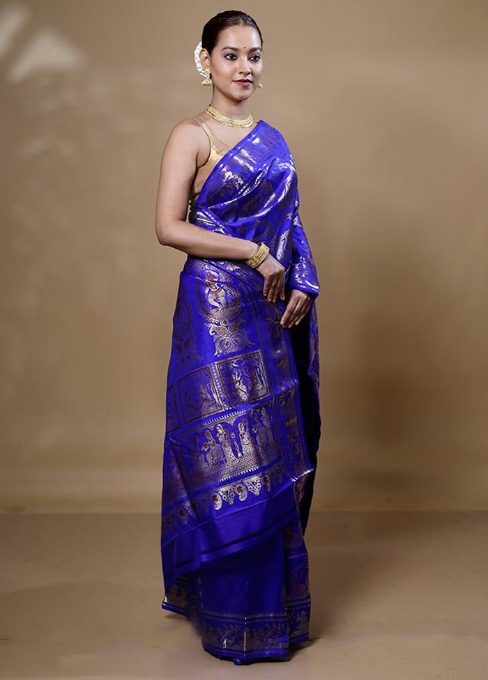 Blue Handloom Baluchari Pure Silk Saree With Blouse Piece