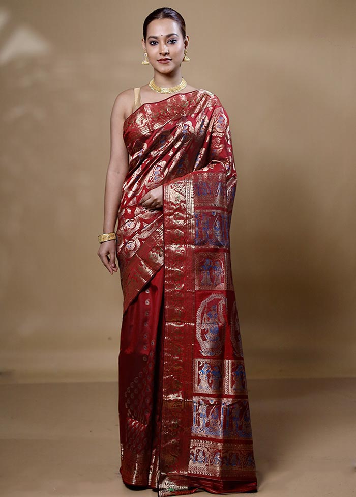 Rust Handloom Baluchari Pure Silk Saree With Blouse Piece