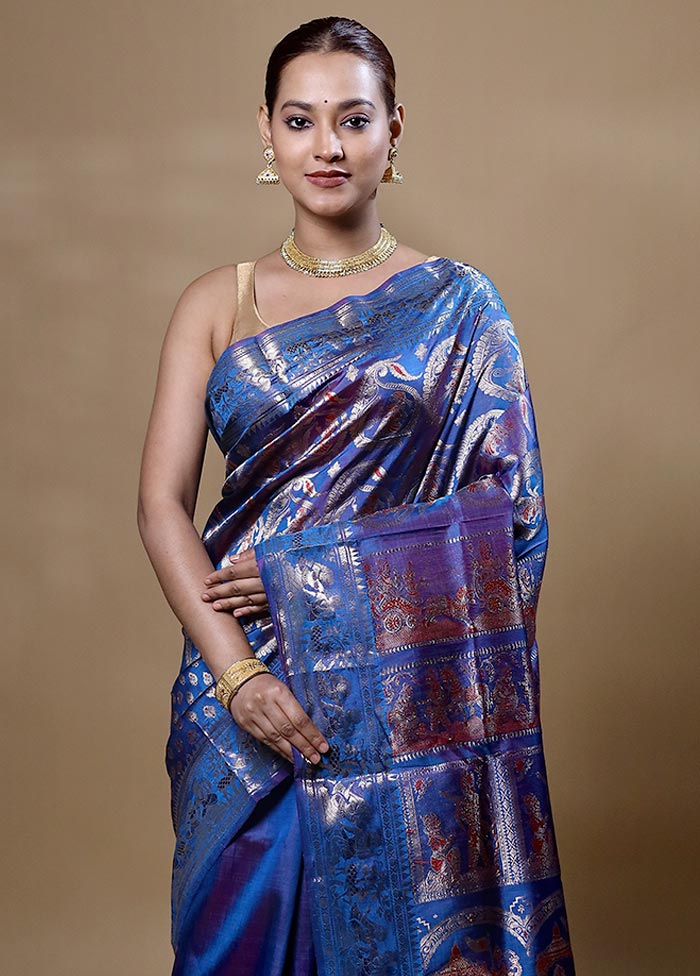 Blue Handloom Baluchari Pure Silk Saree With Blouse Piece