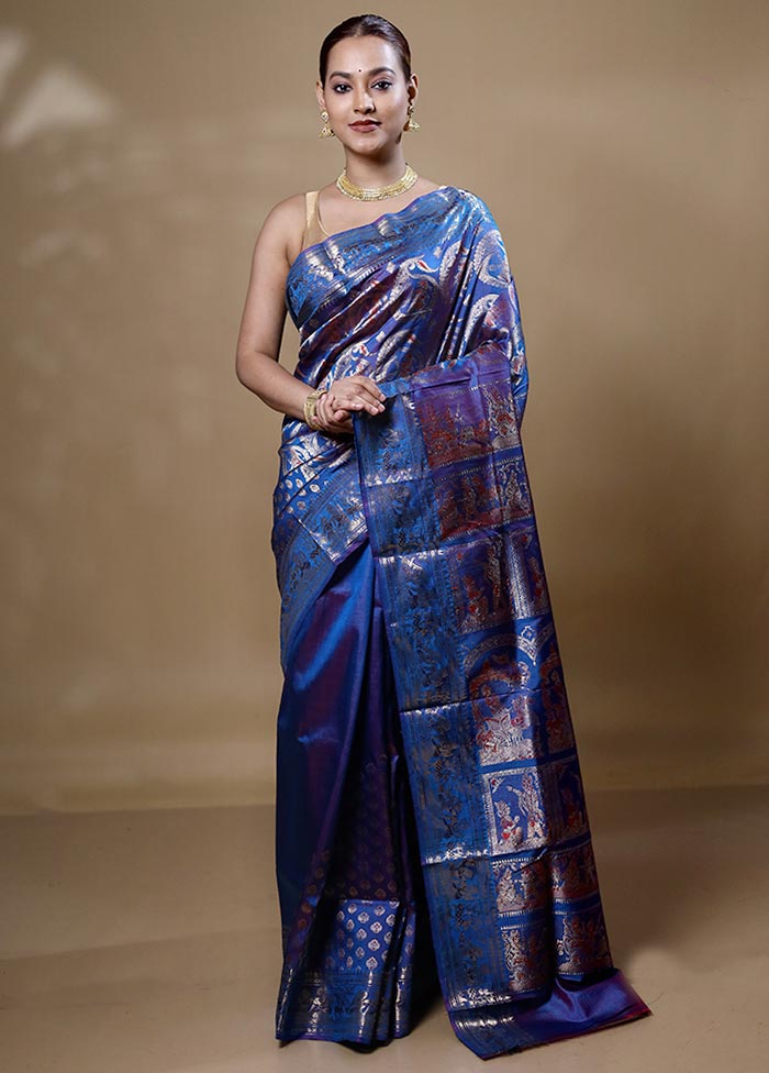 Blue Handloom Baluchari Pure Silk Saree With Blouse Piece