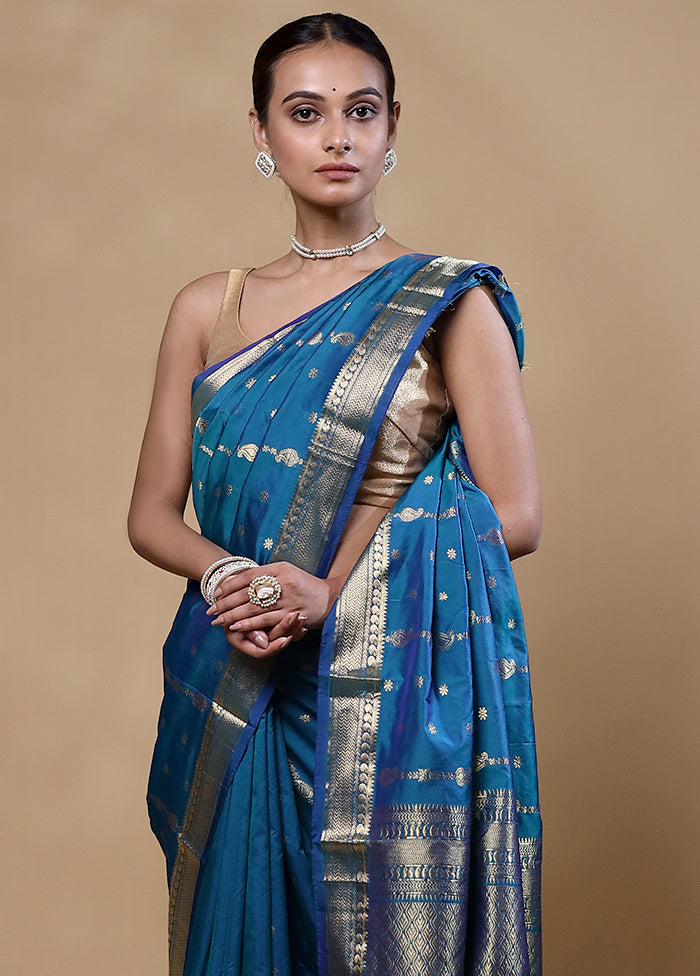 Blue Kanjivaram Silk Saree With Blouse Piece