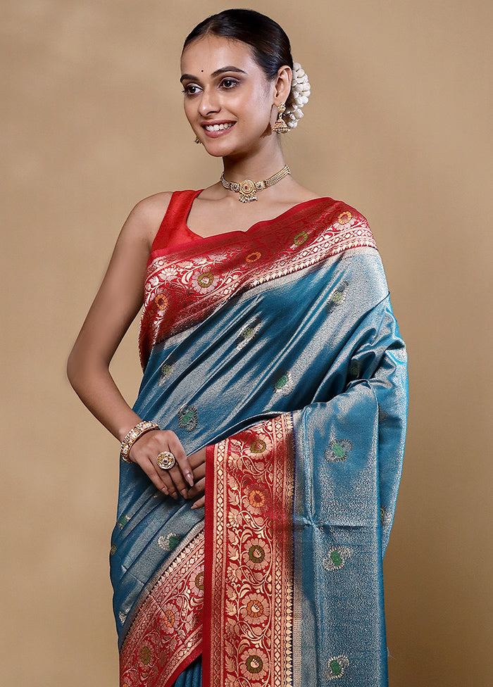 Blue Dupion Silk Saree With Blouse Piece