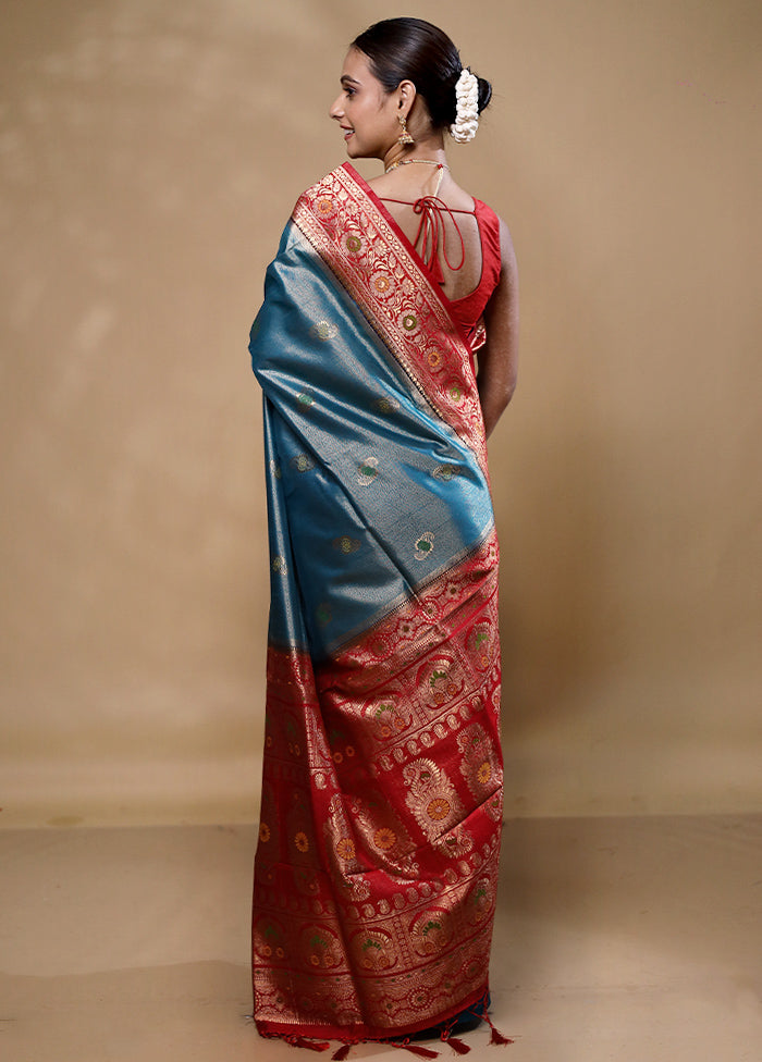 Blue Dupion Silk Saree With Blouse Piece