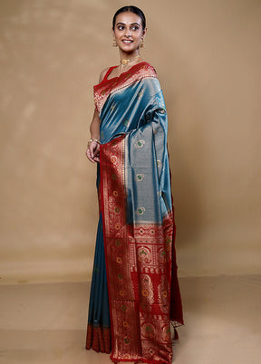 Blue Dupion Silk Saree With Blouse Piece