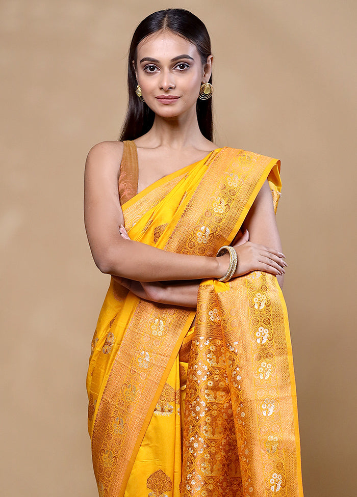 Yellow Dupion Silk Saree With Blouse Piece