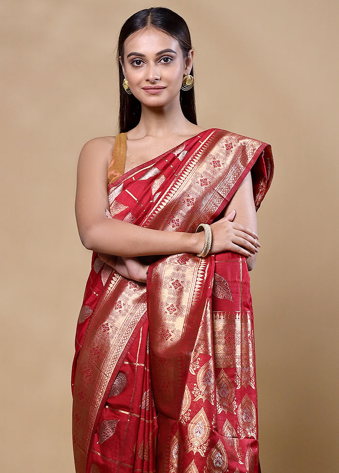 Maroon Dupion Silk Saree With Blouse Piece