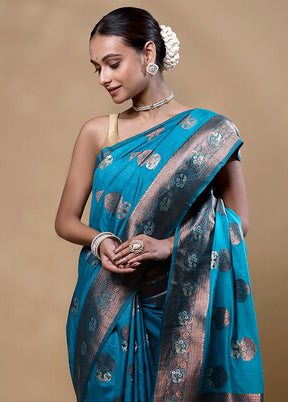 Blue Dupion Silk Saree With Blouse Piece