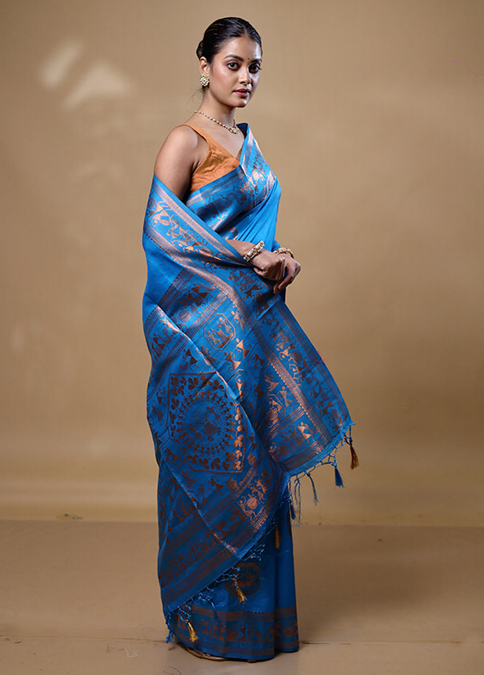 Blue Dupion Silk Saree With Blouse Piece