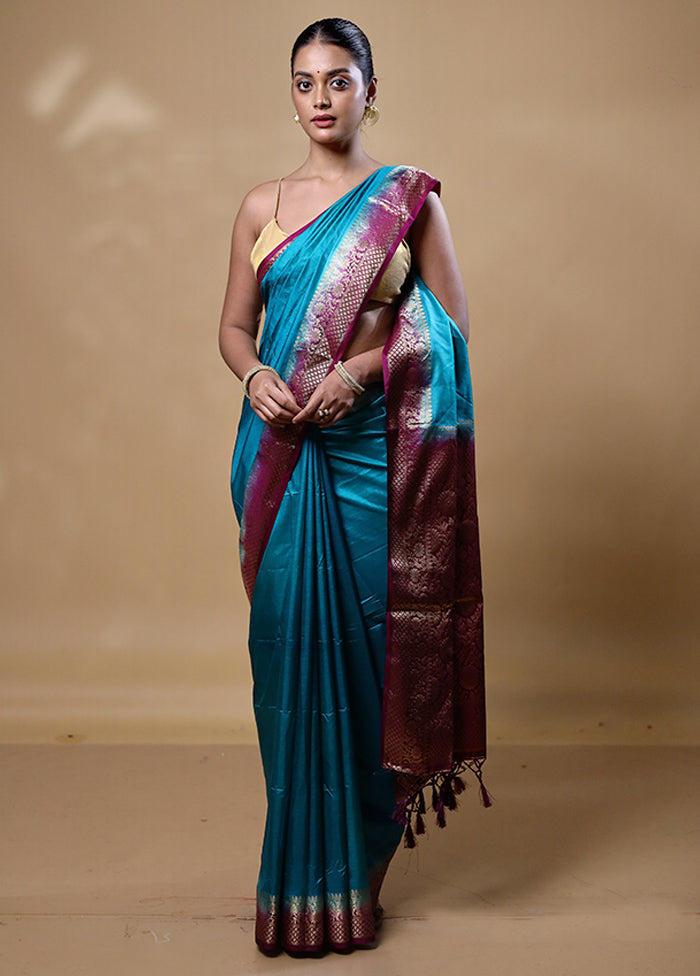 Blue Dupion Silk Saree With Blouse Piece