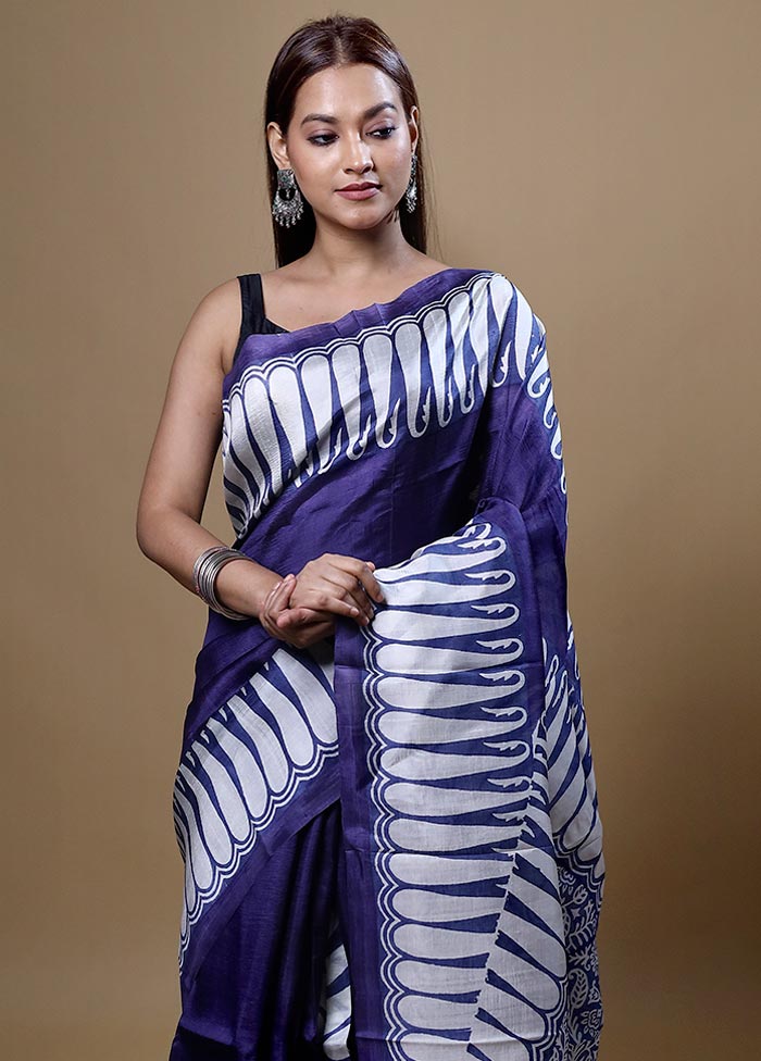 Blue Printed Pure Silk Saree Without Blouse Piece