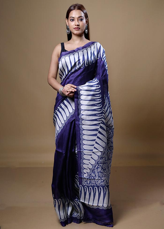 Blue Printed Pure Silk Saree Without Blouse Piece