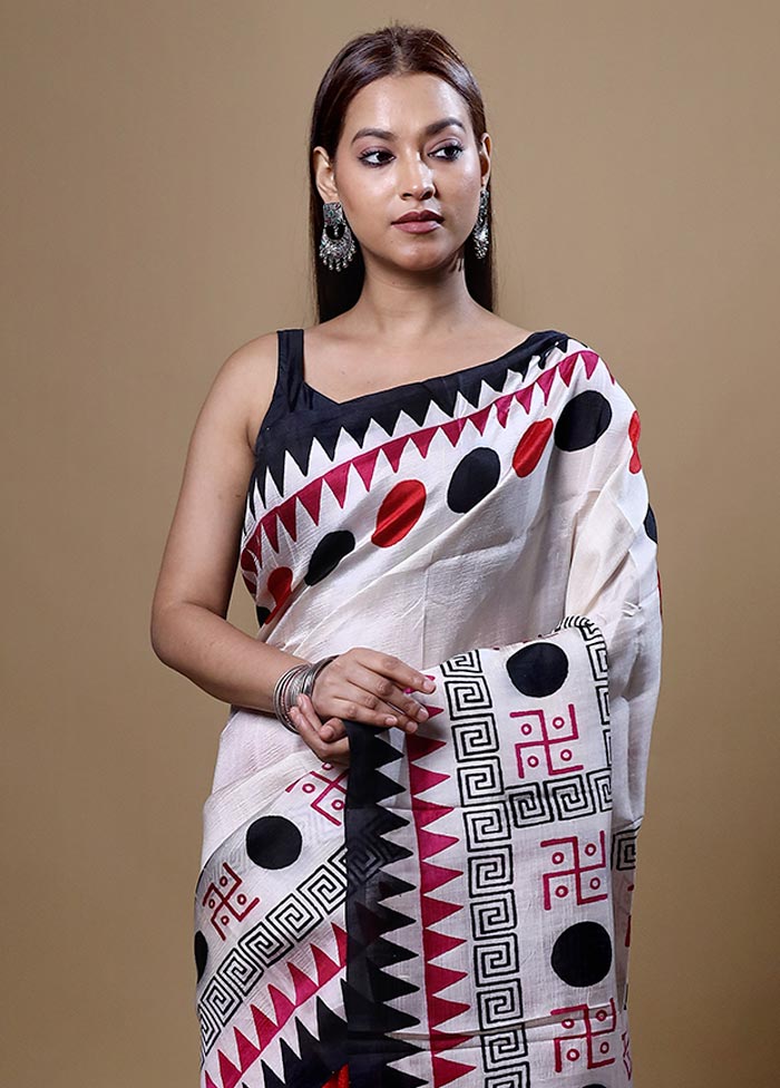 White Printed Pure Silk Saree Without Blouse Piece