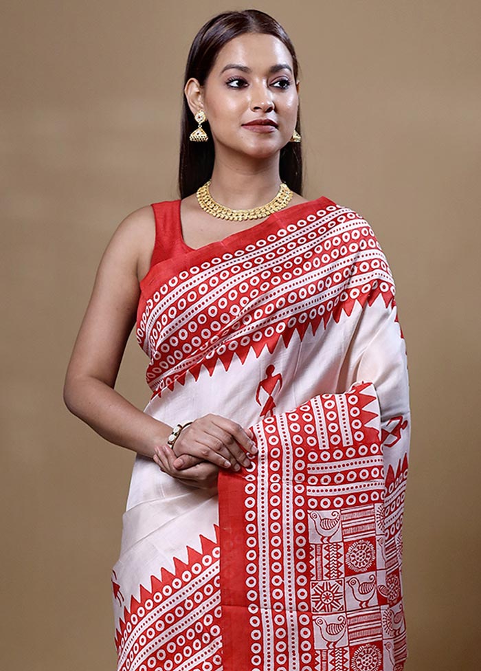 Red Printed Pure Silk Saree Without Blouse Piece