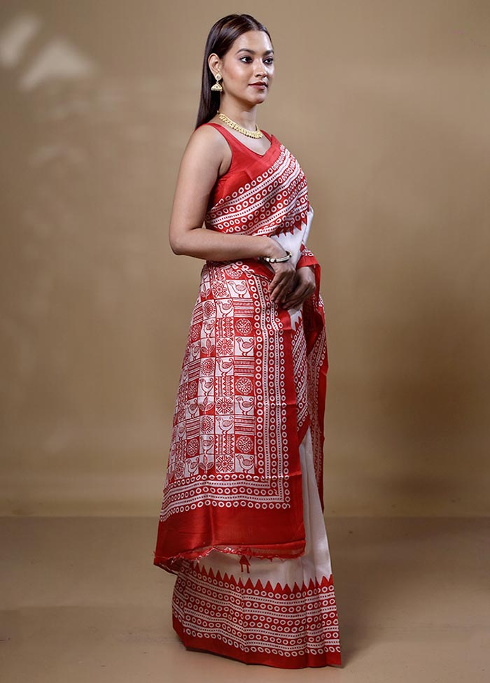 Red Printed Pure Silk Saree Without Blouse Piece