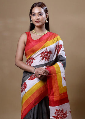 Orange Printed Pure Silk Saree Without Blouse Piece