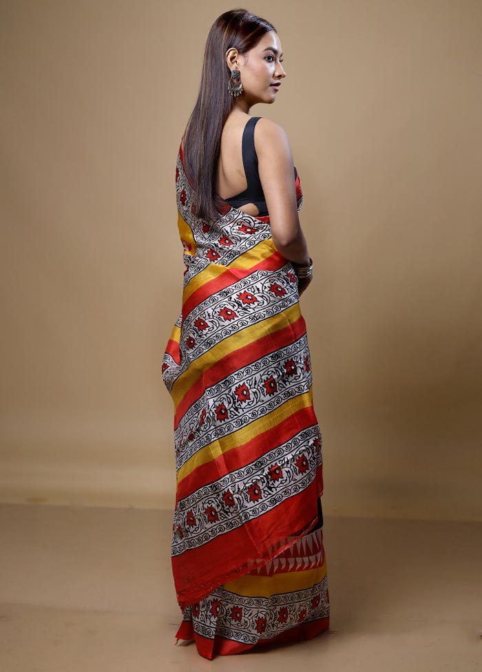 Yellow Printed Pure Silk Saree Without Blouse Piece