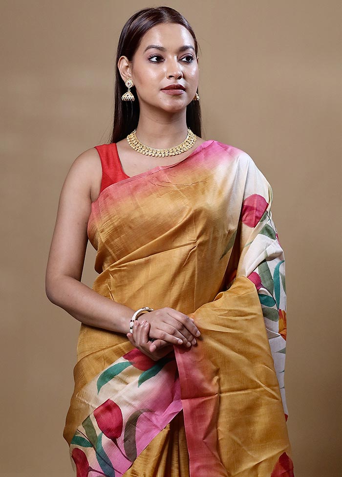 Yellow Printed Pure Silk Saree Without Blouse Piece