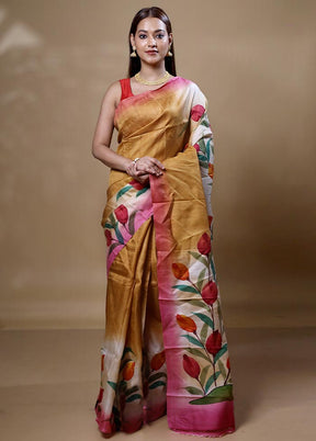 Yellow Printed Pure Silk Saree Without Blouse Piece