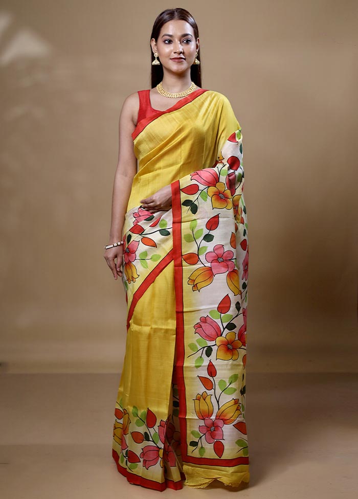 Yellow Printed Pure Silk Saree Without Blouse Piece