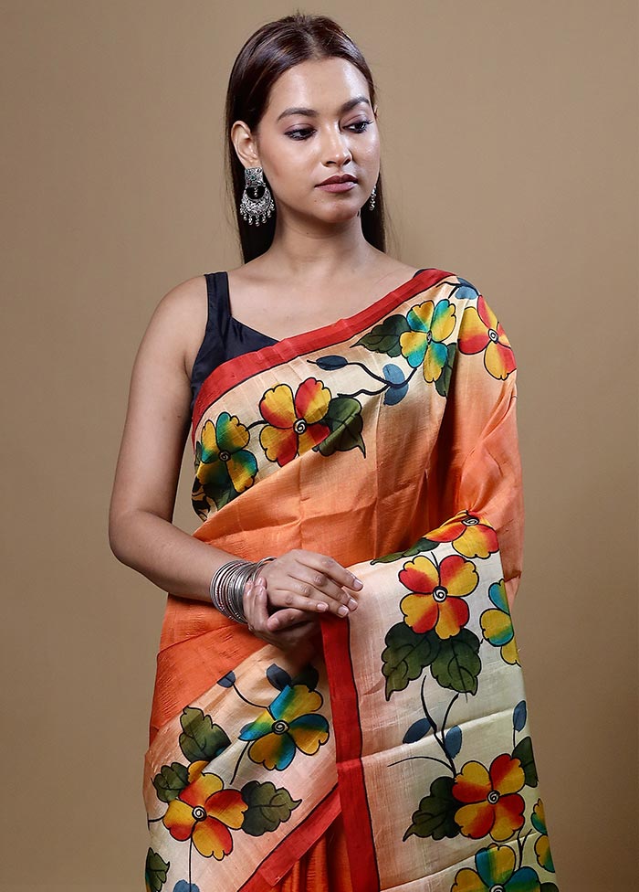 Orange  Printed Pure Silk Saree Without Blouse Piece