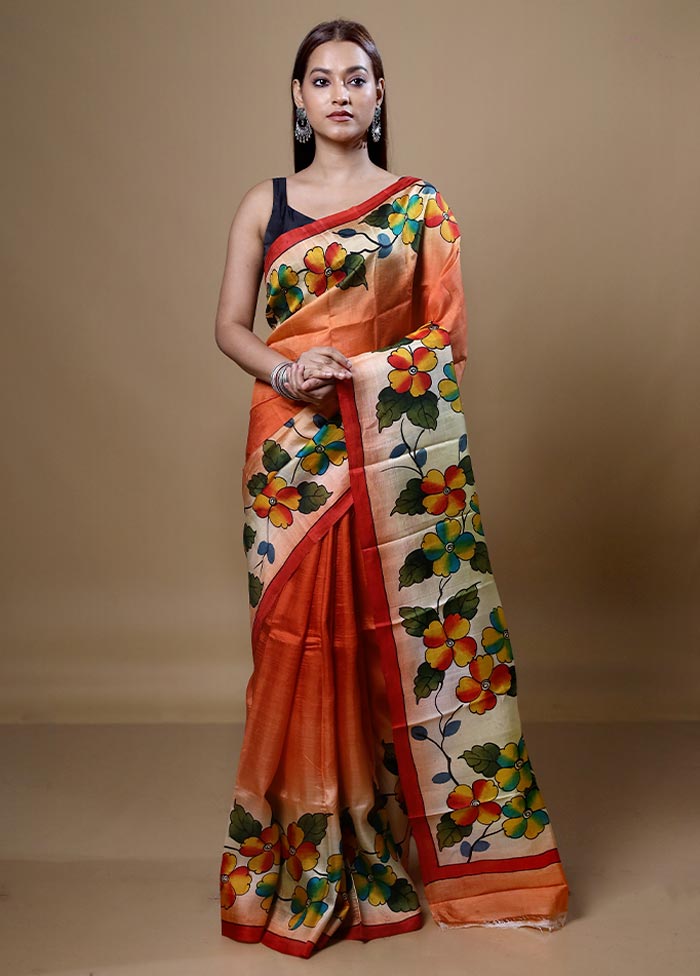 Orange  Printed Pure Silk Saree Without Blouse Piece