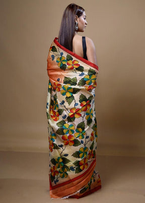 Orange  Printed Pure Silk Saree Without Blouse Piece