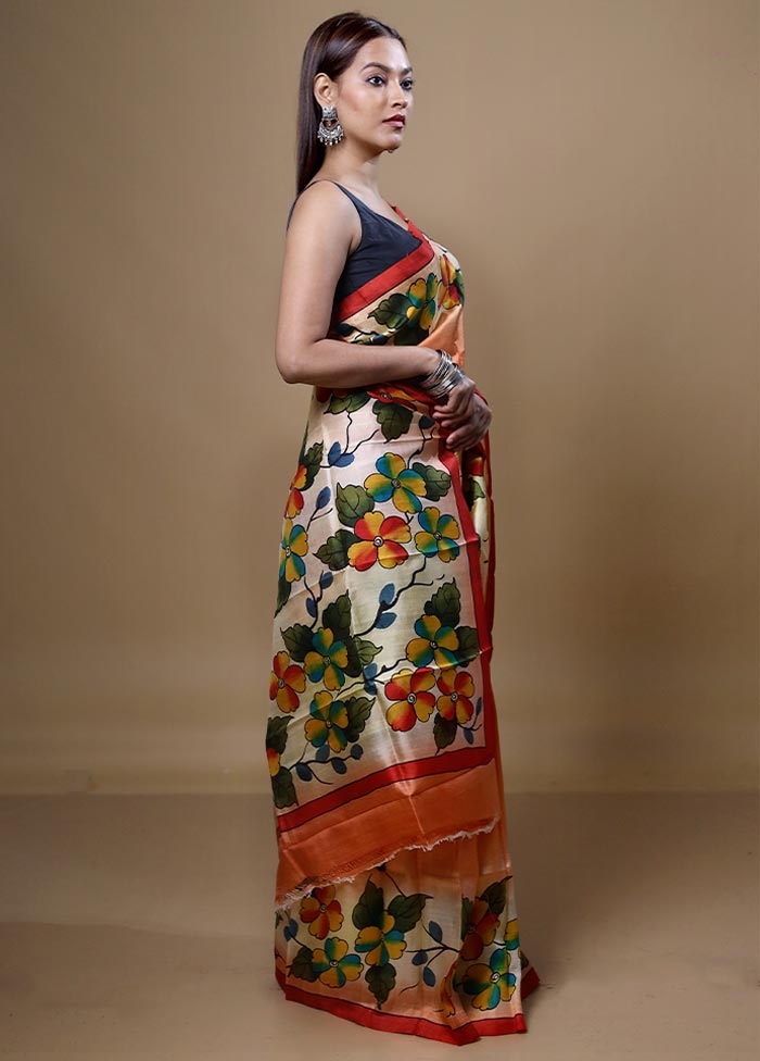 Orange  Printed Pure Silk Saree Without Blouse Piece