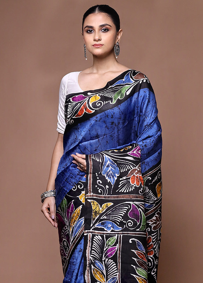 Blue Printed Pure Silk Saree Without Blouse Piece