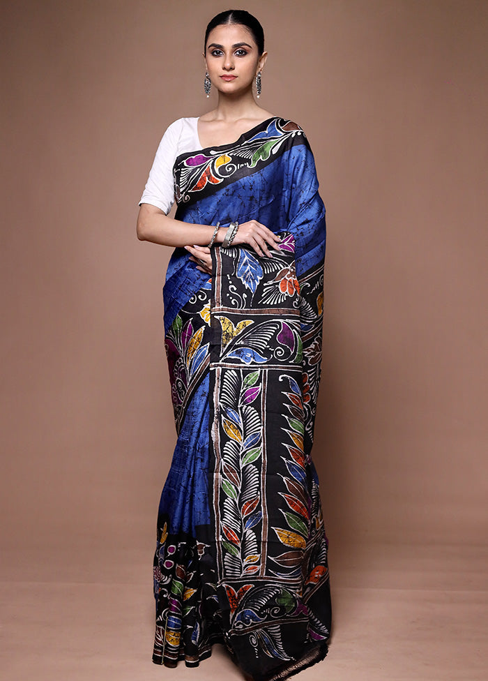 Blue Printed Pure Silk Saree Without Blouse Piece