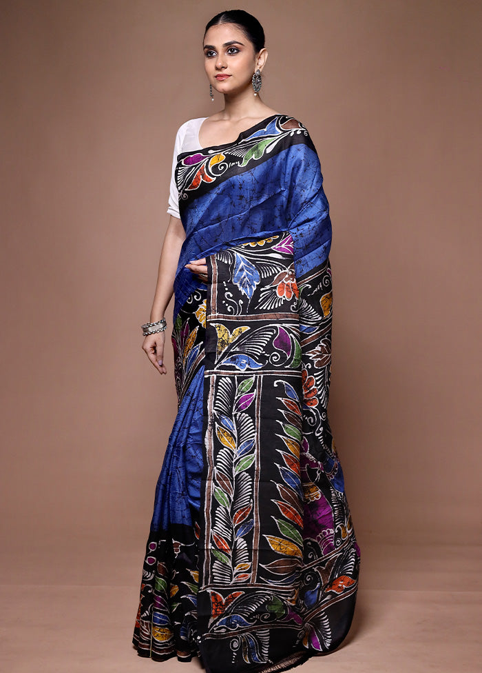 Blue Printed Pure Silk Saree Without Blouse Piece