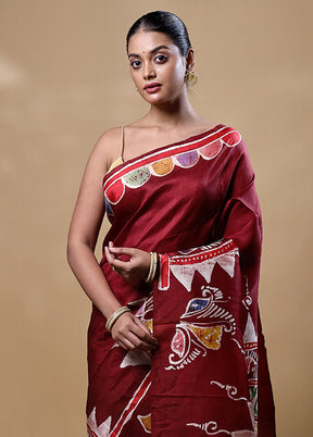 Maroon Printed Pure Silk Saree Without Blouse Piece