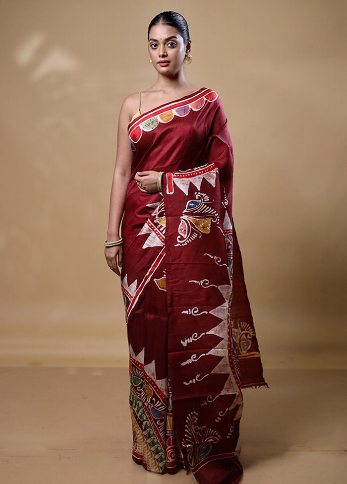 Maroon Printed Pure Silk Saree Without Blouse Piece