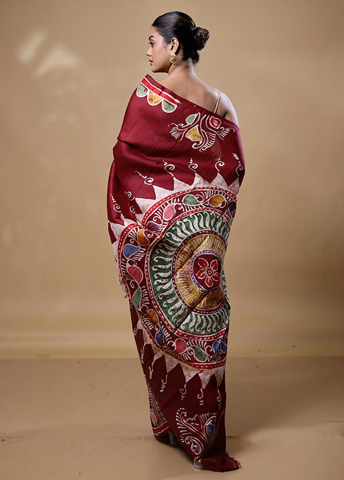 Maroon Printed Pure Silk Saree Without Blouse Piece