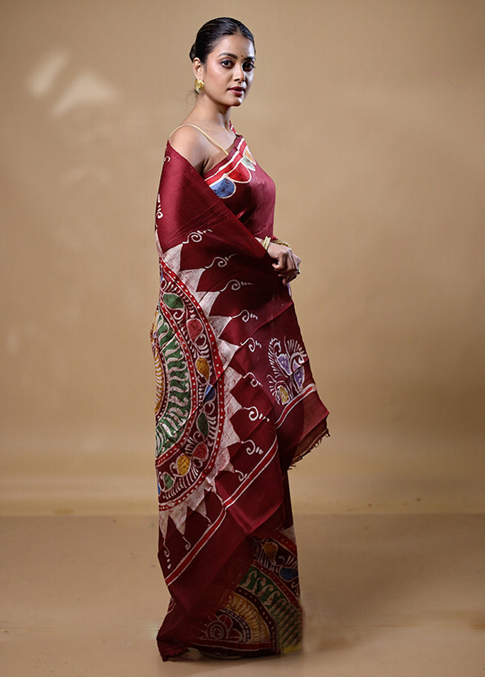 Maroon Printed Pure Silk Saree Without Blouse Piece