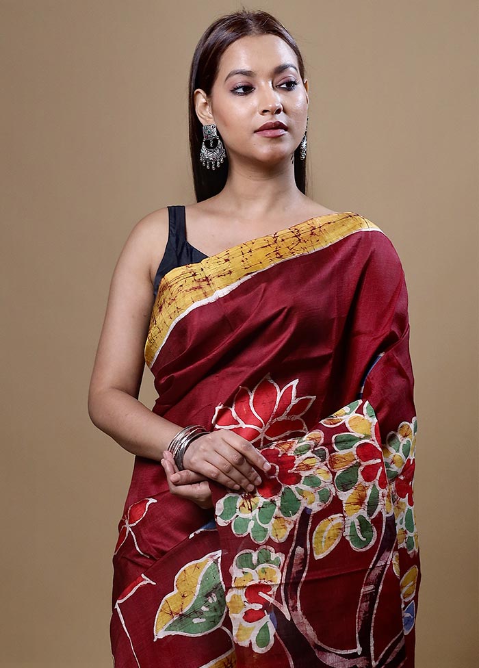 Maroon Printed Pure Silk Saree Without Blouse Piece