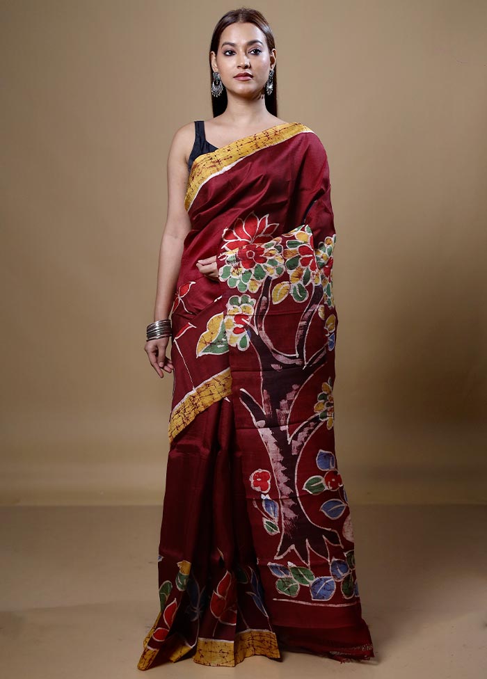 Maroon Printed Pure Silk Saree Without Blouse Piece