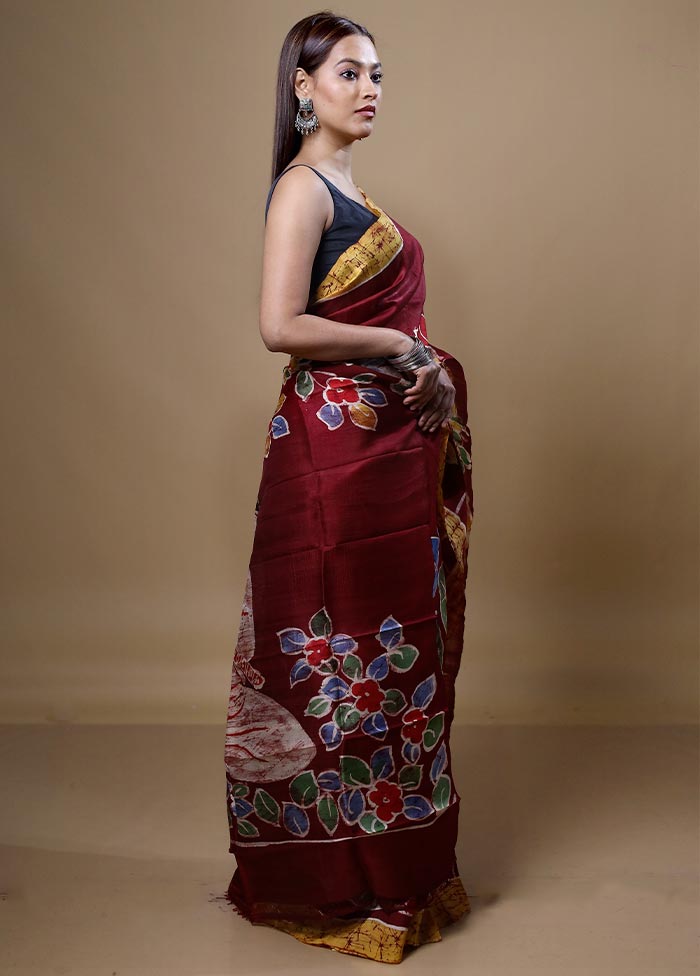 Maroon Printed Pure Silk Saree Without Blouse Piece